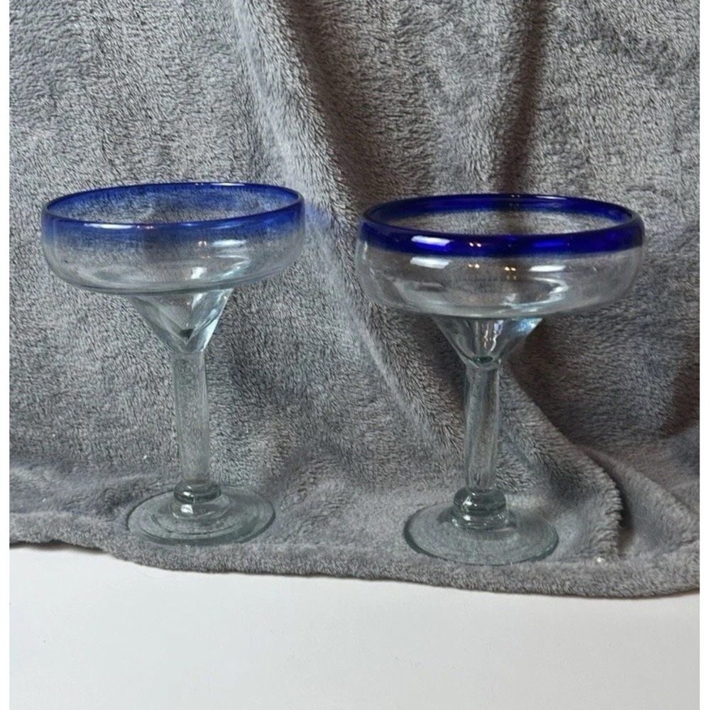 Set Of 2 Cobalt Rim blue Mexican hand blown 4.5" Margarita Glasses Heavy - Picture 2 of 5